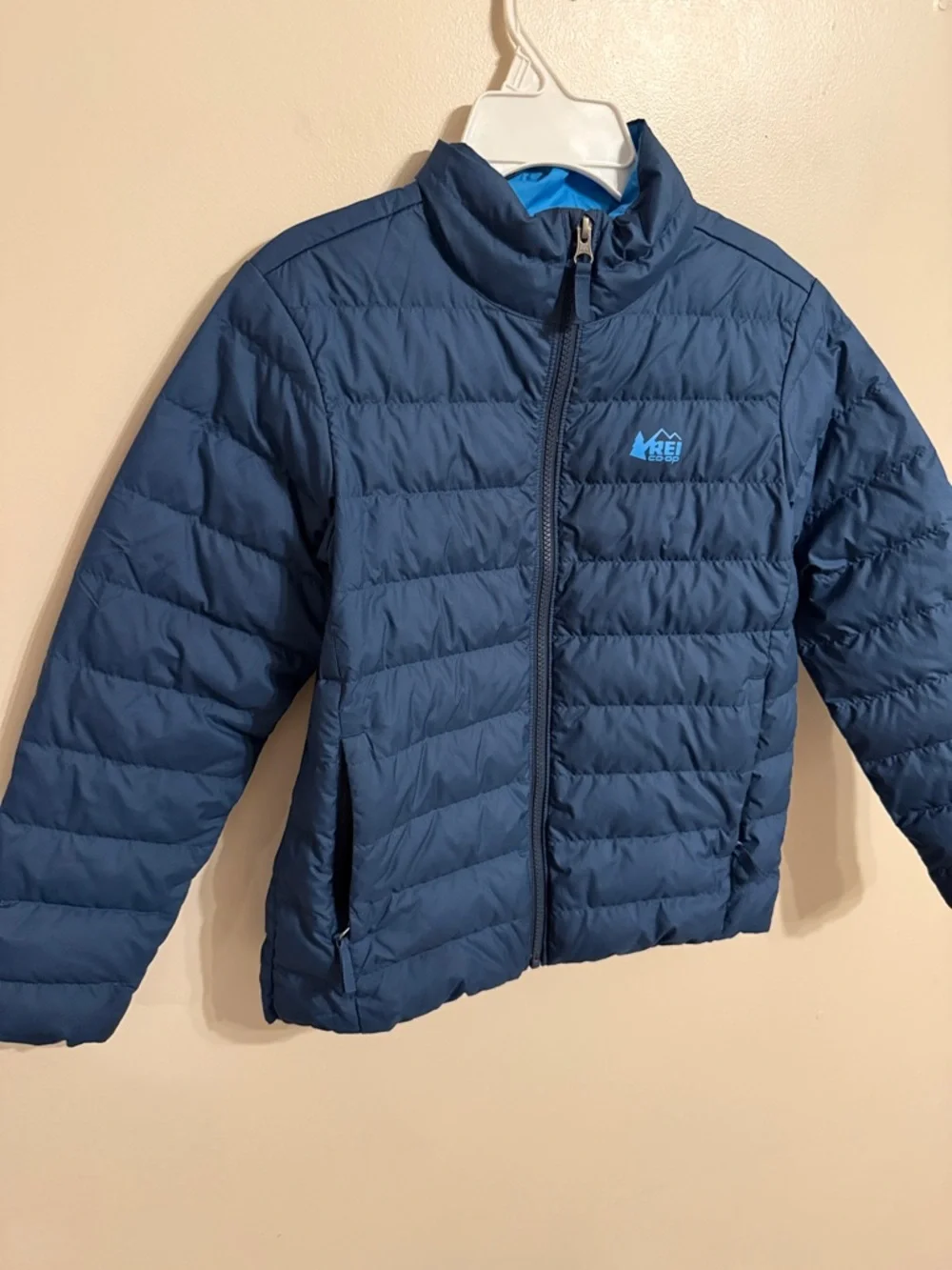 REI Puffer 80% Down Insulated Jacket Youth Packable Blue Full Zip Pockets Medium